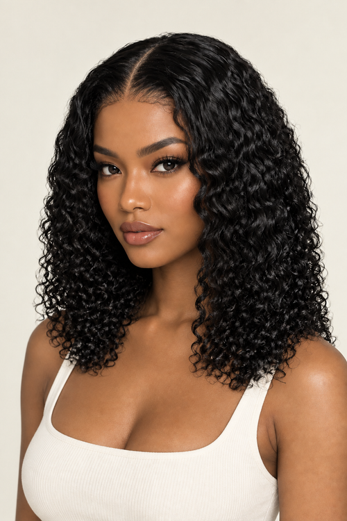 Curly-wave bob wig on Black model, front view