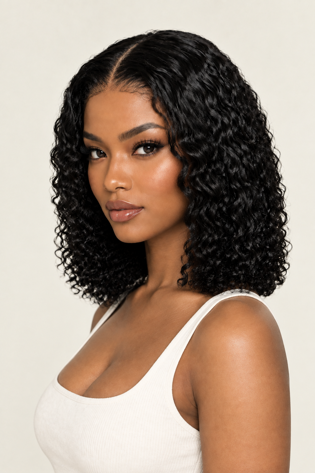 Curly-wave bob wig on Black model, side view