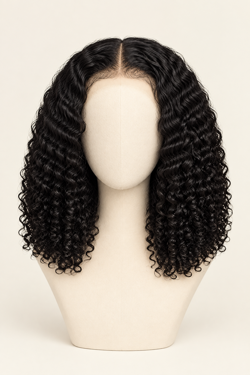 Curly-wave bob wig on mannequin, front view