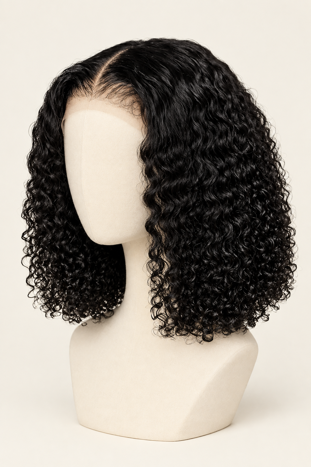 Curly-wave bob wig on mannequin, side view