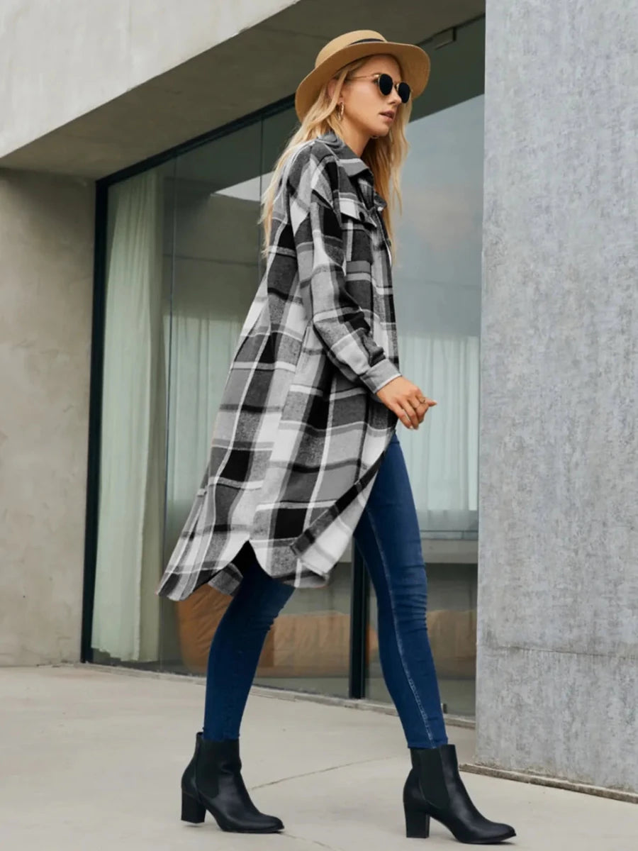 Plaid Pocketed Button Up Trench Coat - The PM Edit