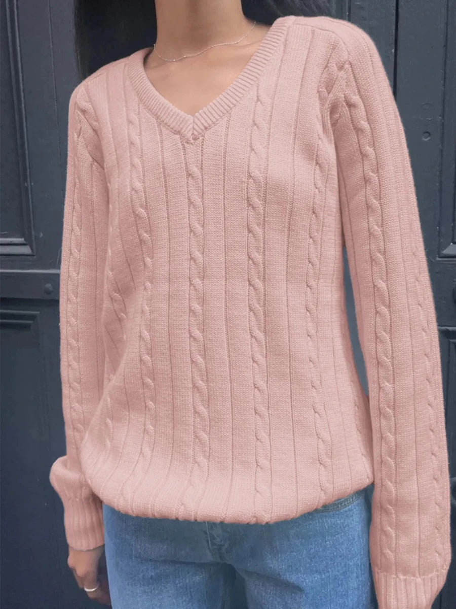 Cable Knit V - Neck Pullover Sweater - The PM Edit
