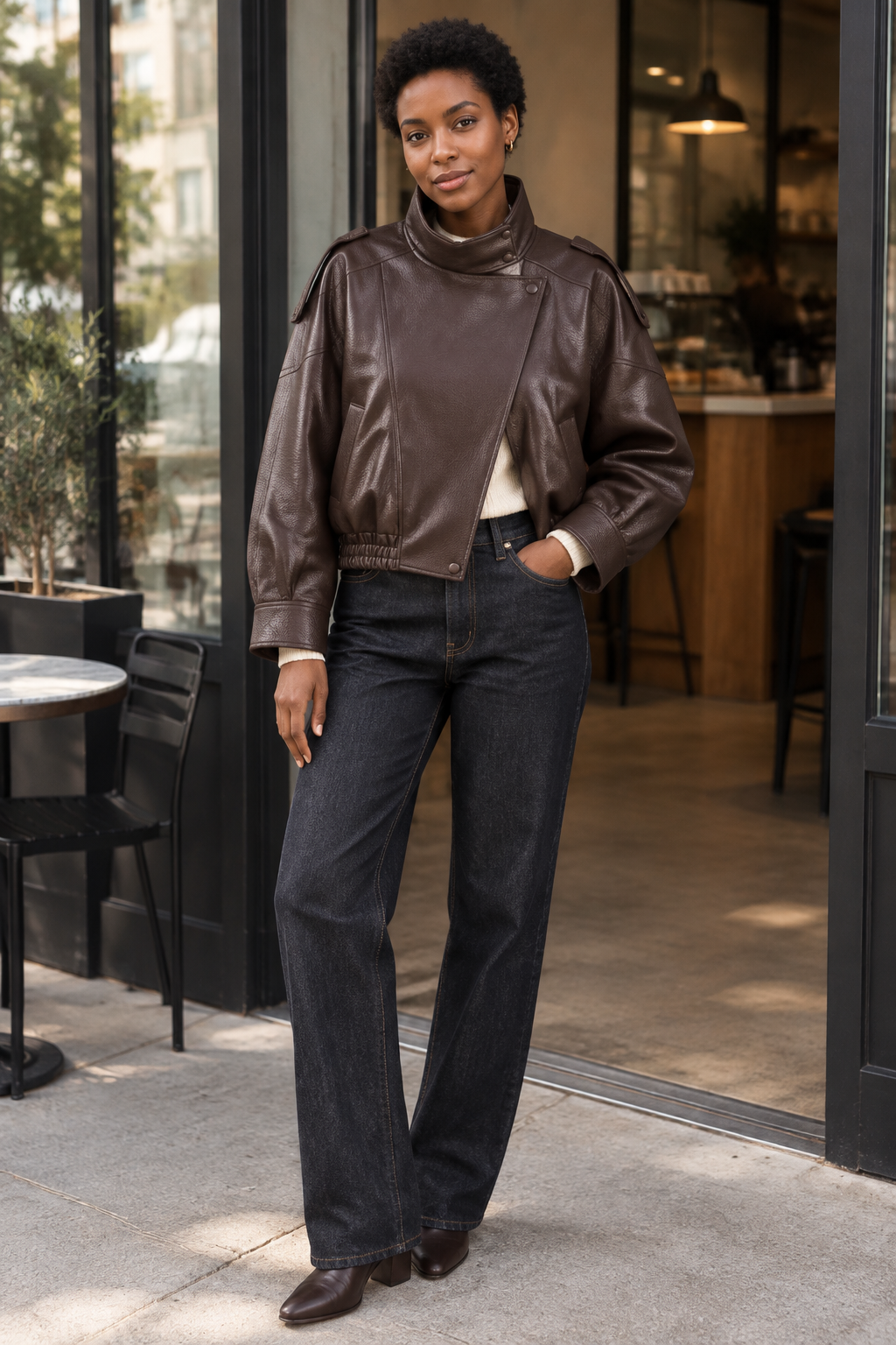  Front landscape view of the structured pebble faux leather jacket in matte black showcasing the heavy-duty metal zipper front closure array and turn-down collar layout Dark brown jacket lifestyle image