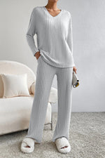 Load image into Gallery viewer, Ribbed V-Neck Top and Pants Set
