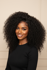 Load image into Gallery viewer, display image of woman wearing #1B Natural Black Messy Curly Half Wig 180% Density
