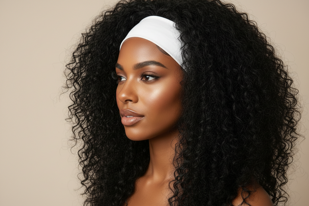 display image of woman wearing 22 inch #1B Natural Black Messy Curly Half Wig 180% Density
