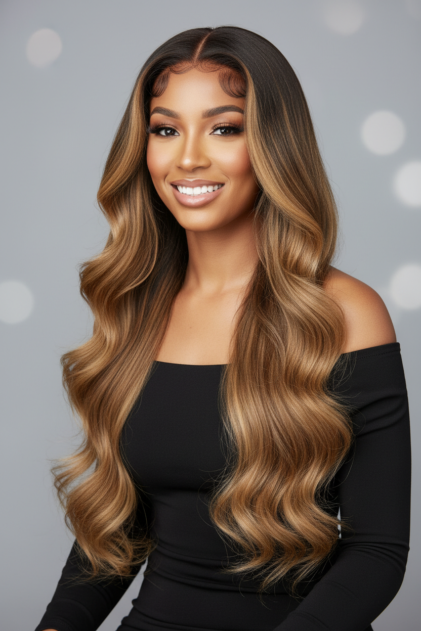 display of woman wearing 30 inch 13X6 P4/27 BODYWAVE OMBRE HIGHLIGHT hair