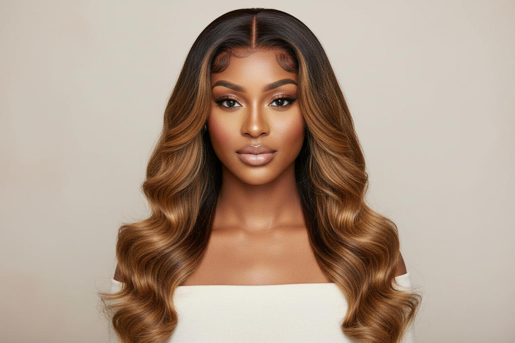 display of woman wearing 30 inch 13X6 P4/27 BODYWAVE OMBRE HIGHLIGHT WIG