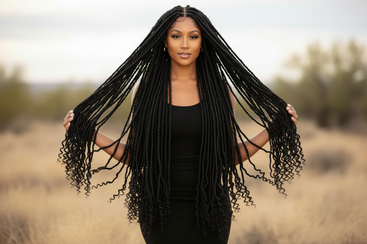 display of woman wearing 30 Inches 4x4 Boho Goddess Faux Locs Lace Closure Wigs 200% Density