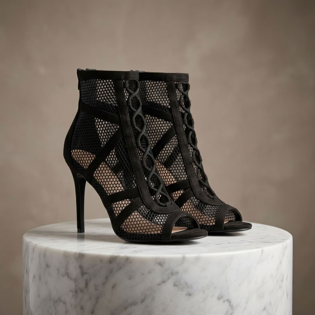 Black Mesh Lace-Up Stiletto Ankle Boots - Peep Toe Cross-Tied Statement Heels