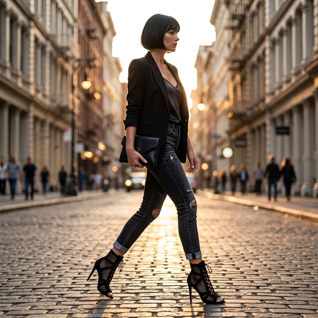 Black Mesh Lace-Up Stiletto Ankle Boots - Peep Toe Cross-Tied Statement Heels