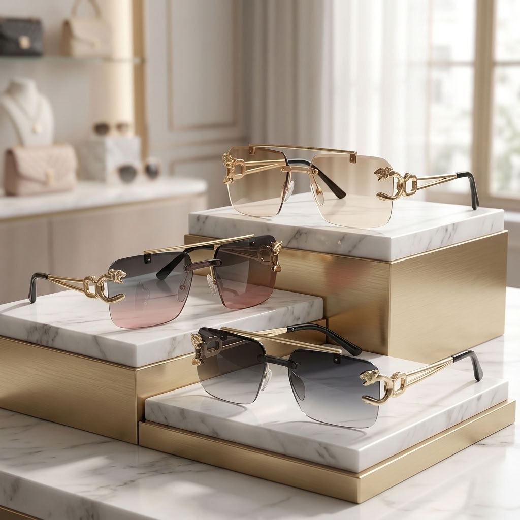Vintage Rimless Square Sunglasses with Double Gold Bridge | The PM Edit