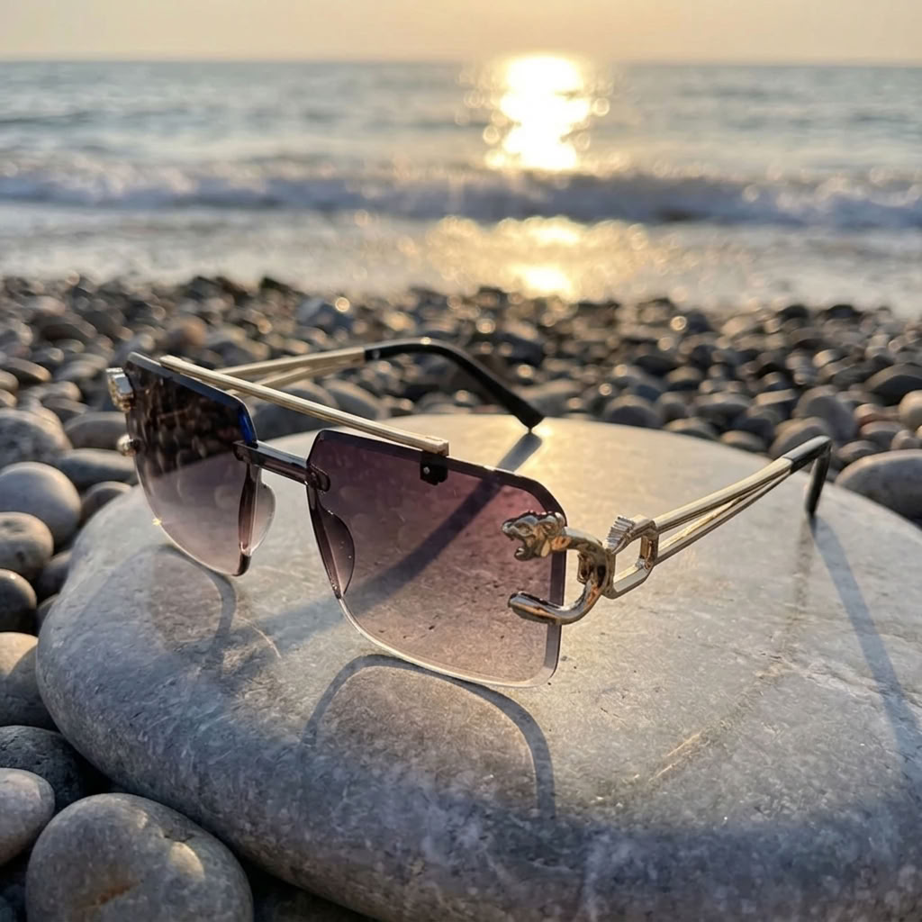Vintage Rimless Square Sunglasses with Double Gold Bridge | The PM Edit