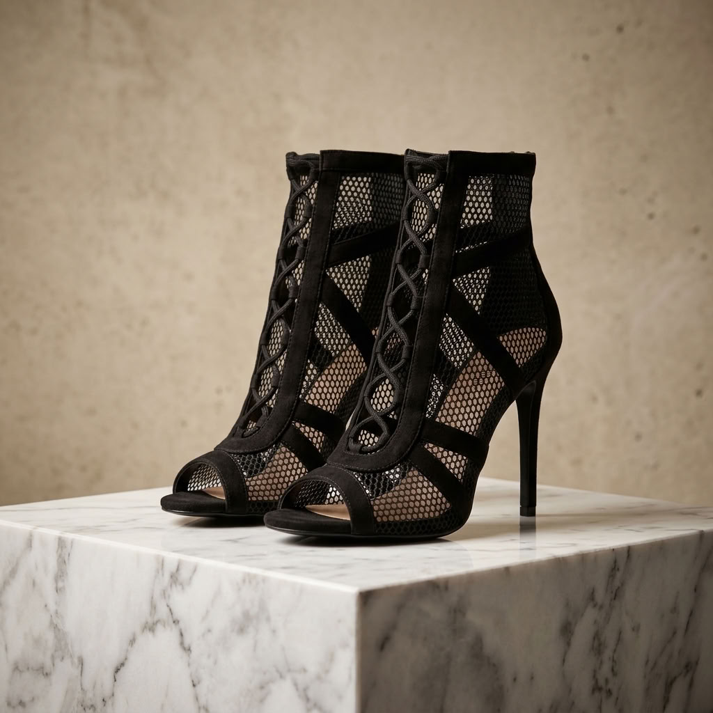Black Mesh Lace-Up Stiletto Ankle Boots - Peep Toe Cross-Tied Statement Heels