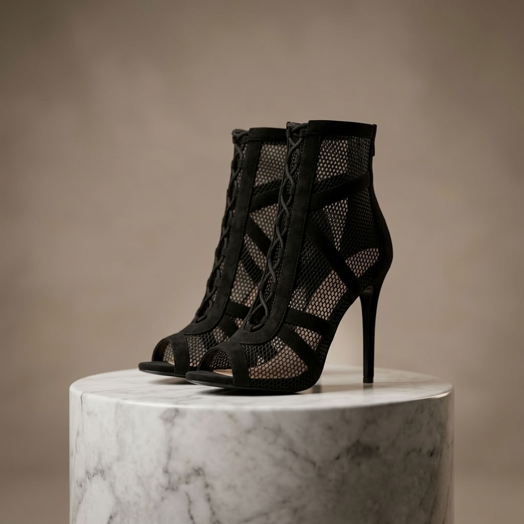 Black Mesh Lace-Up Stiletto Ankle Boots - Peep Toe Cross-Tied Statement Heels