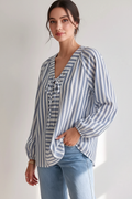 Dusty blue striped tie-front blouse
