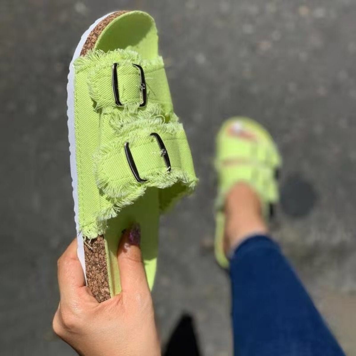 Frayed Edge Buckle Flat Sandals | Boho Canvas Slides - The PM Edit