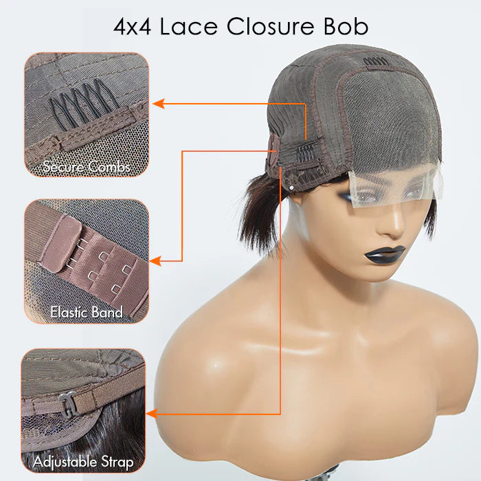 8 Inches 4"x4" Natural Black Straight Bob Side Part Lace Closure Wig-100% Human Hair