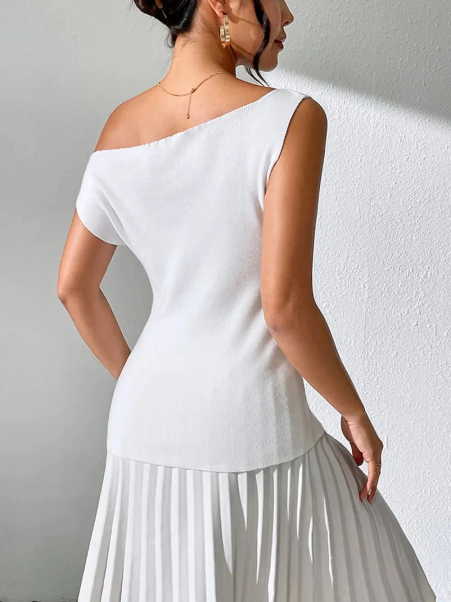 Single Shoulder Short Sleeve Knit Top - The PM Edit