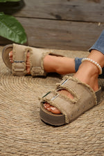 Load image into Gallery viewer, Pale Khaki Double Buckle Straps Frayed Detial Retro Slippers
