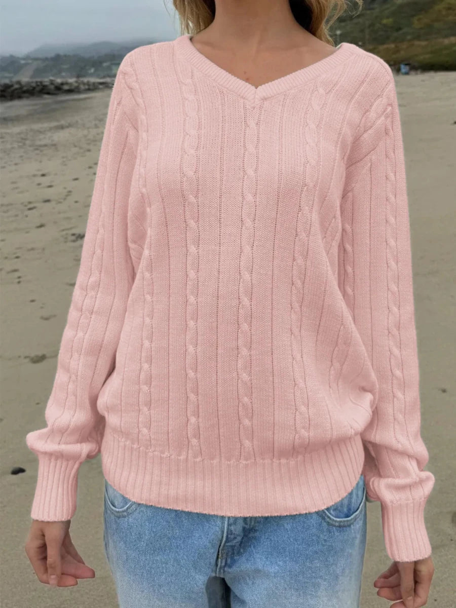 Cable Knit V - Neck Pullover Sweater - The PM Edit