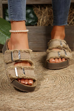 Load image into Gallery viewer, Pale Khaki Double Buckle Straps Frayed Detial Retro Slippers
