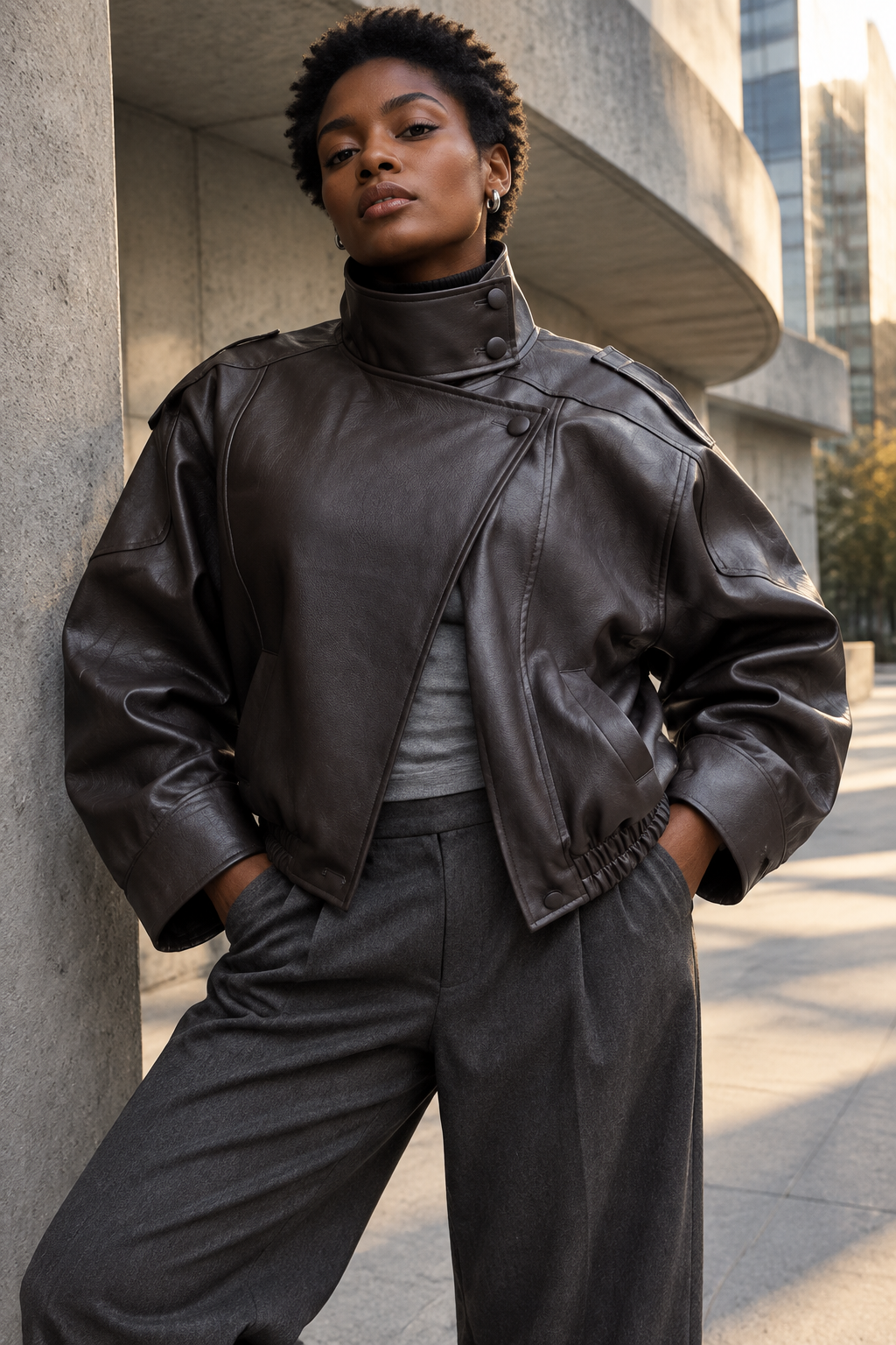 •  A professional model wearing a tailored wardrobe separate layout styling the matte black pebble leather jacket open to showcase a clean day-to-night lifestyle transition.
 Editorial jacket look with a Black model