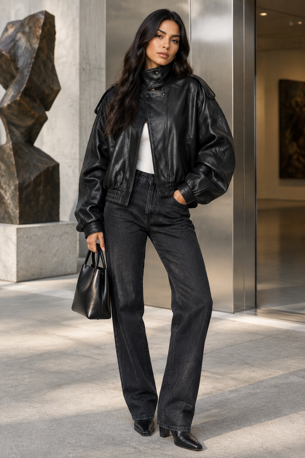 •  A professional model wearing a tailored wardrobe separate layout styling the matte black pebble leather jacket open to showcase a clean day-to-night lifestyle transition.
Editorial jacket look with a Latina model