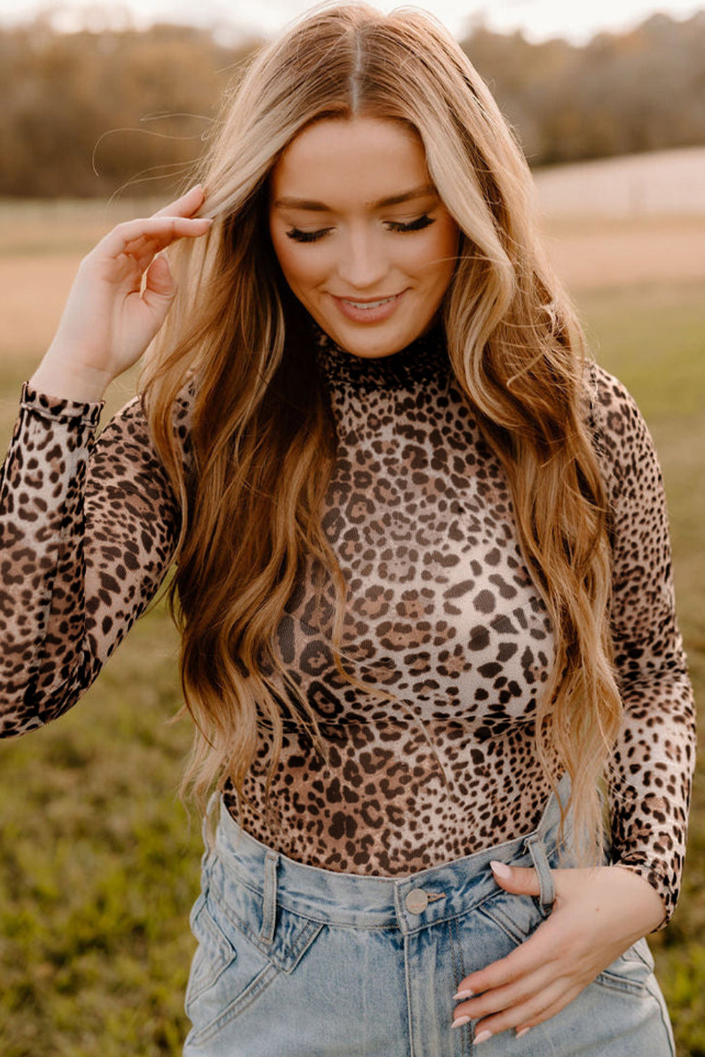 Sheer Mesh Leopard Smocked Mock Neck Bodysuit