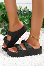 Load image into Gallery viewer, Black Solid Color Buckle Straps Beach Slides Shoes
