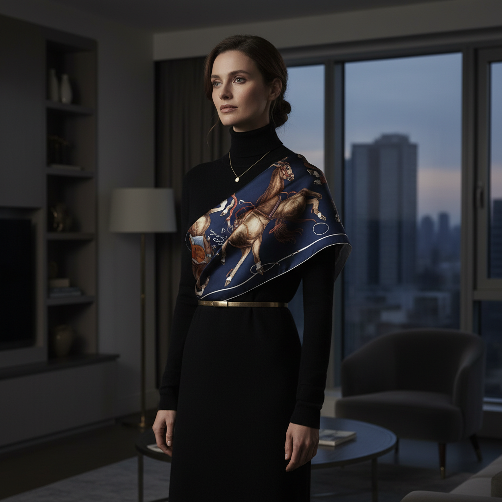 Equestrian Scarf Navy — Shoulder Draped