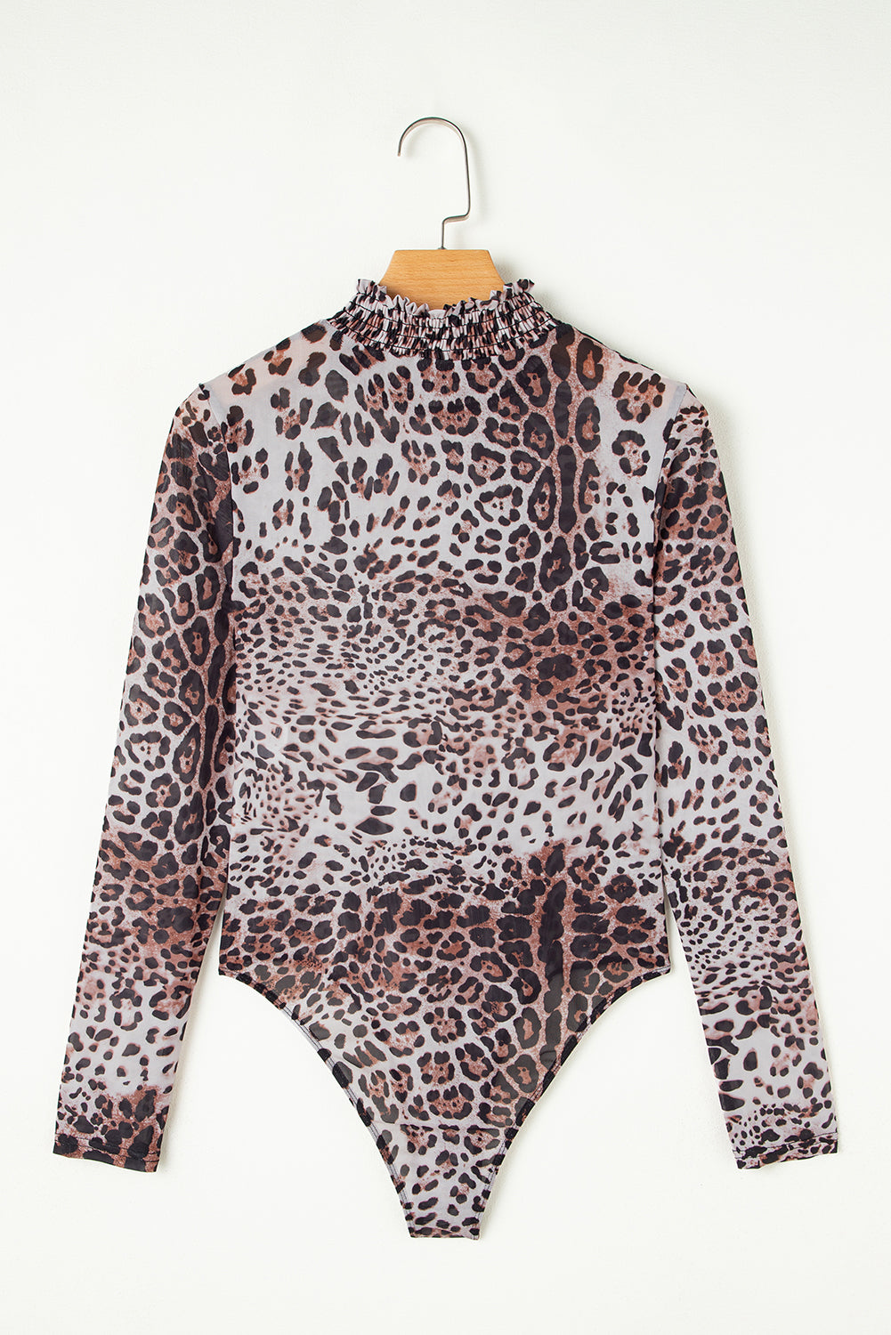 Sheer Mesh Leopard Smocked Mock Neck Bodysuit