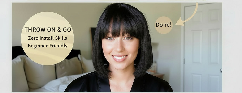 12 Inch Realistic Yaki Straight Bob With Bangs 2x1 Minimalist Lace Wig 150% Density