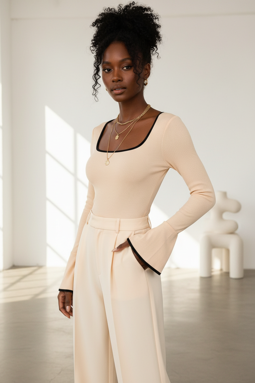 Flare Sleeve Bodysuit - Eggshell Black Model