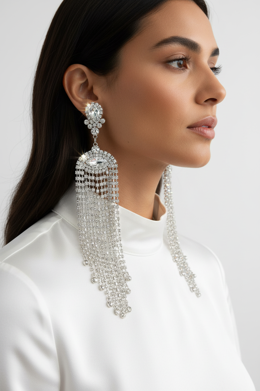 Geometric Crystal Rhinestone Earrings — Silver, Side Profile