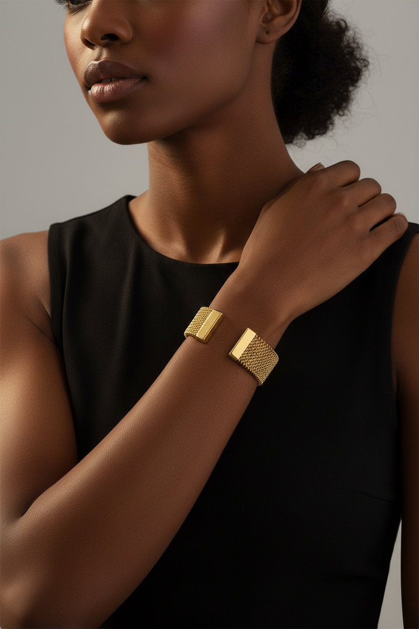Gold cuff bracelet, Black woman