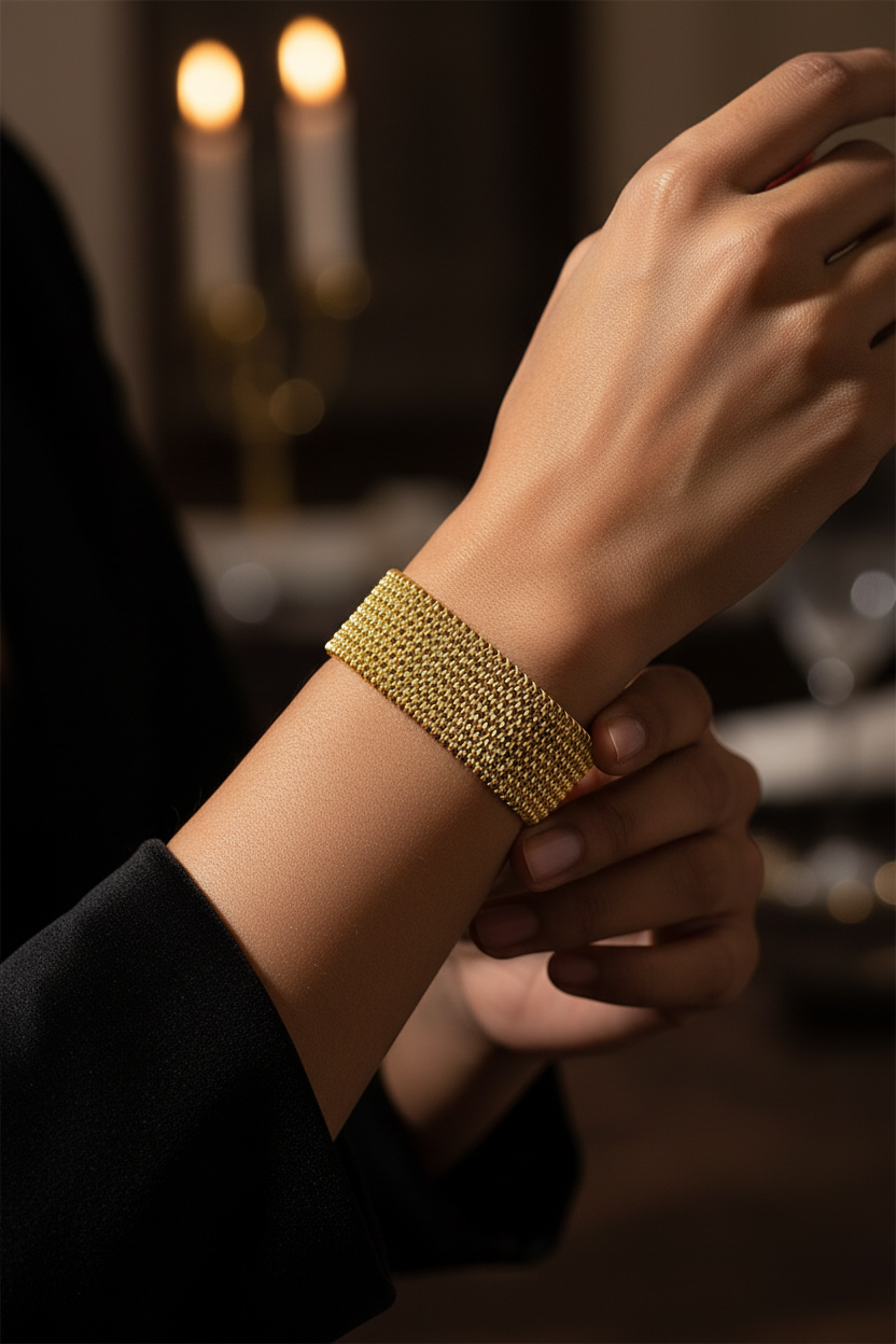 Gold cuff bracelet, South Asian woman