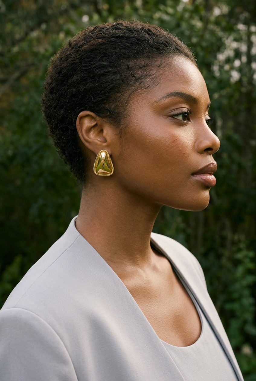 Gold earrings — side-profile detail