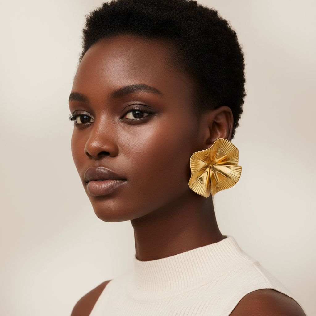 Gold flower stud earrings on a model