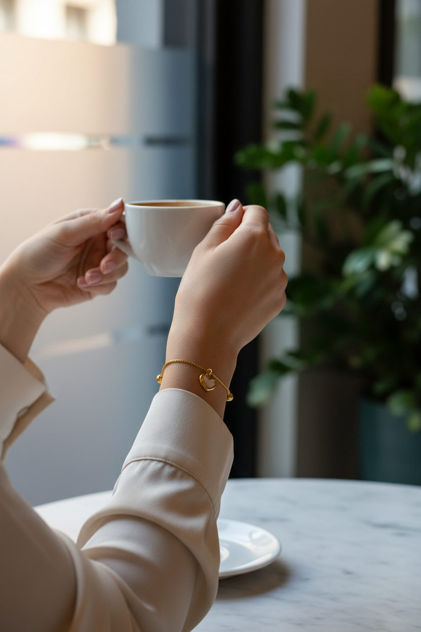 Gold heart bracelet café pin