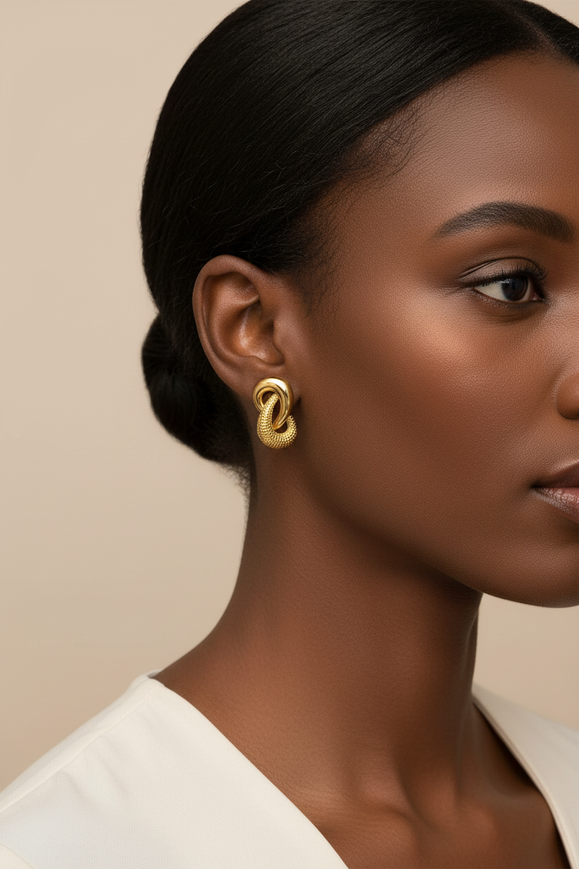 Gold interlocking stud earrings lifestyle image