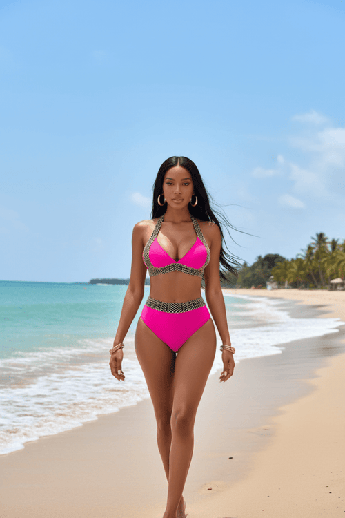 Gold Trim Halter Bikini Set | High - Waist Two - Piece - The PM Edit