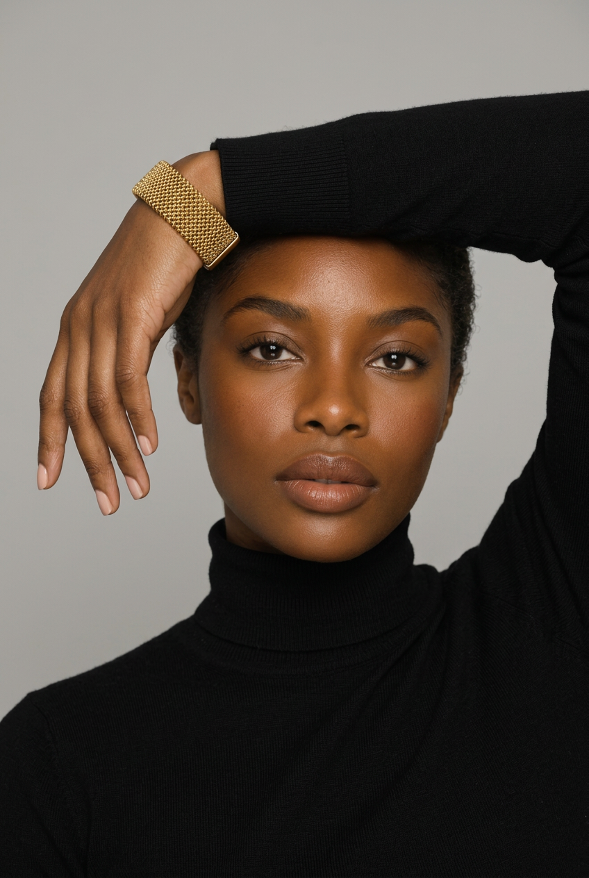 Gold woven bracelet — overhead-arm portrait
