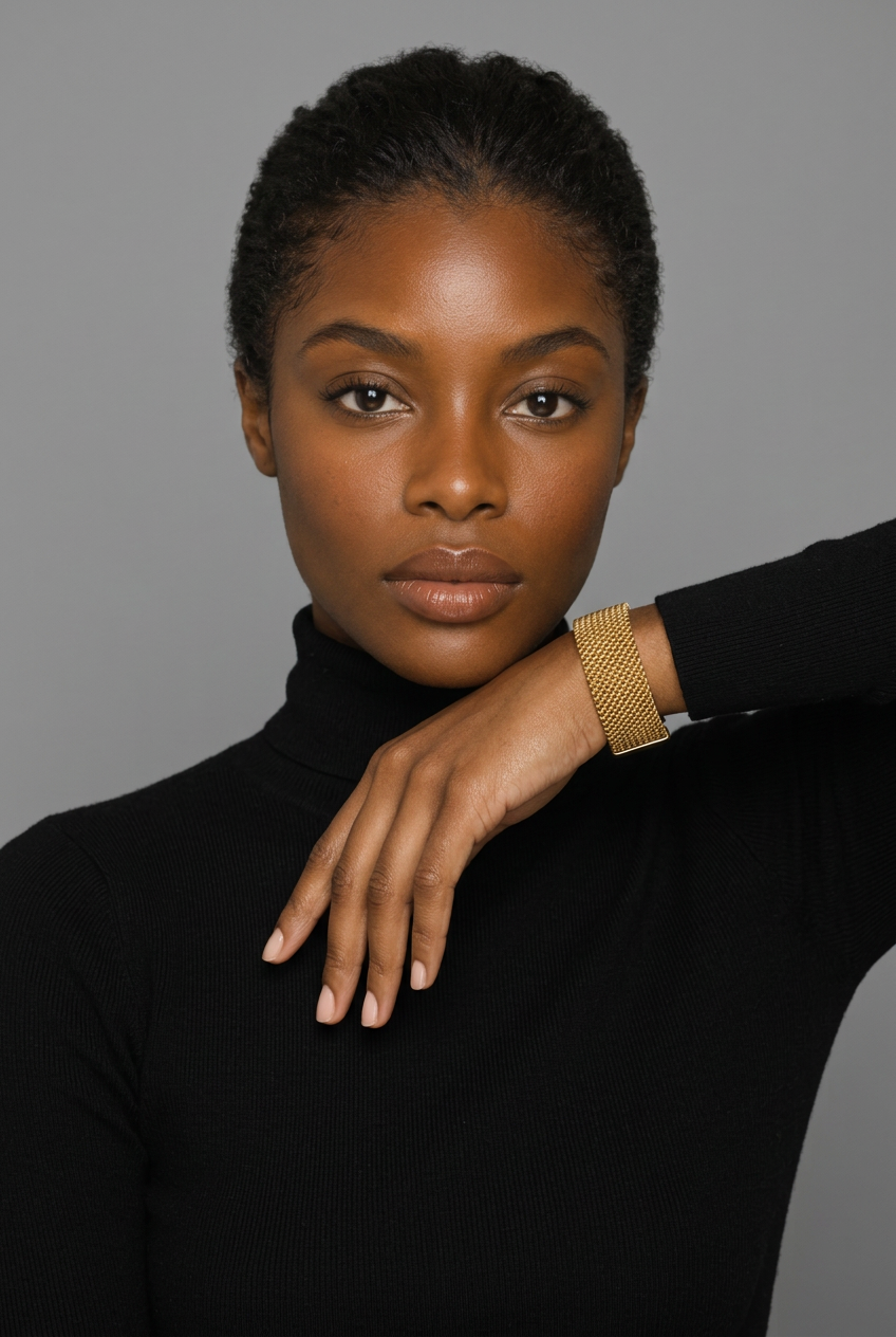 Gold woven bracelet — wrist beneath chin
