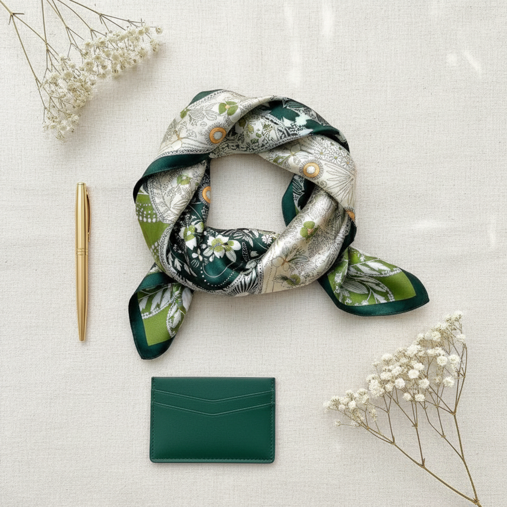 Green Botanical Scarf — Flat Lay