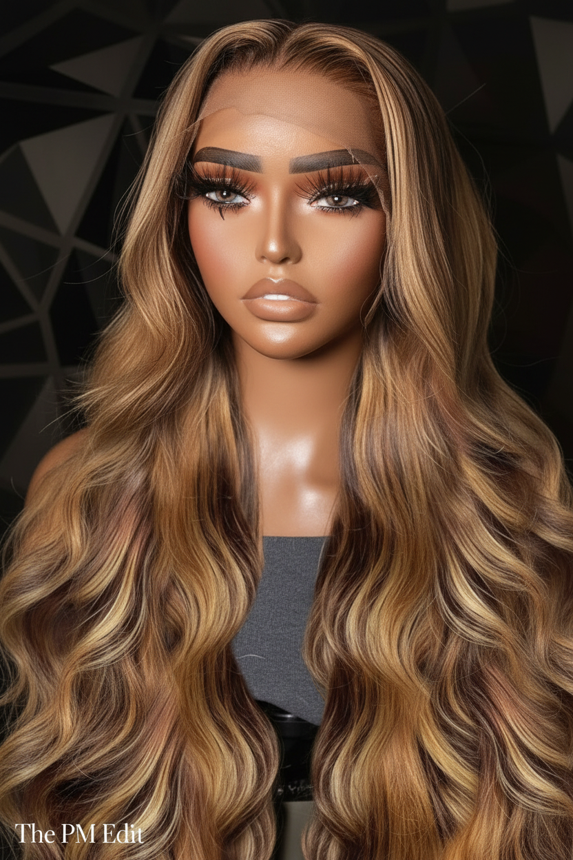 Mannequin head with long, wavy, brown and blonde wig against a geometric patterned background.
