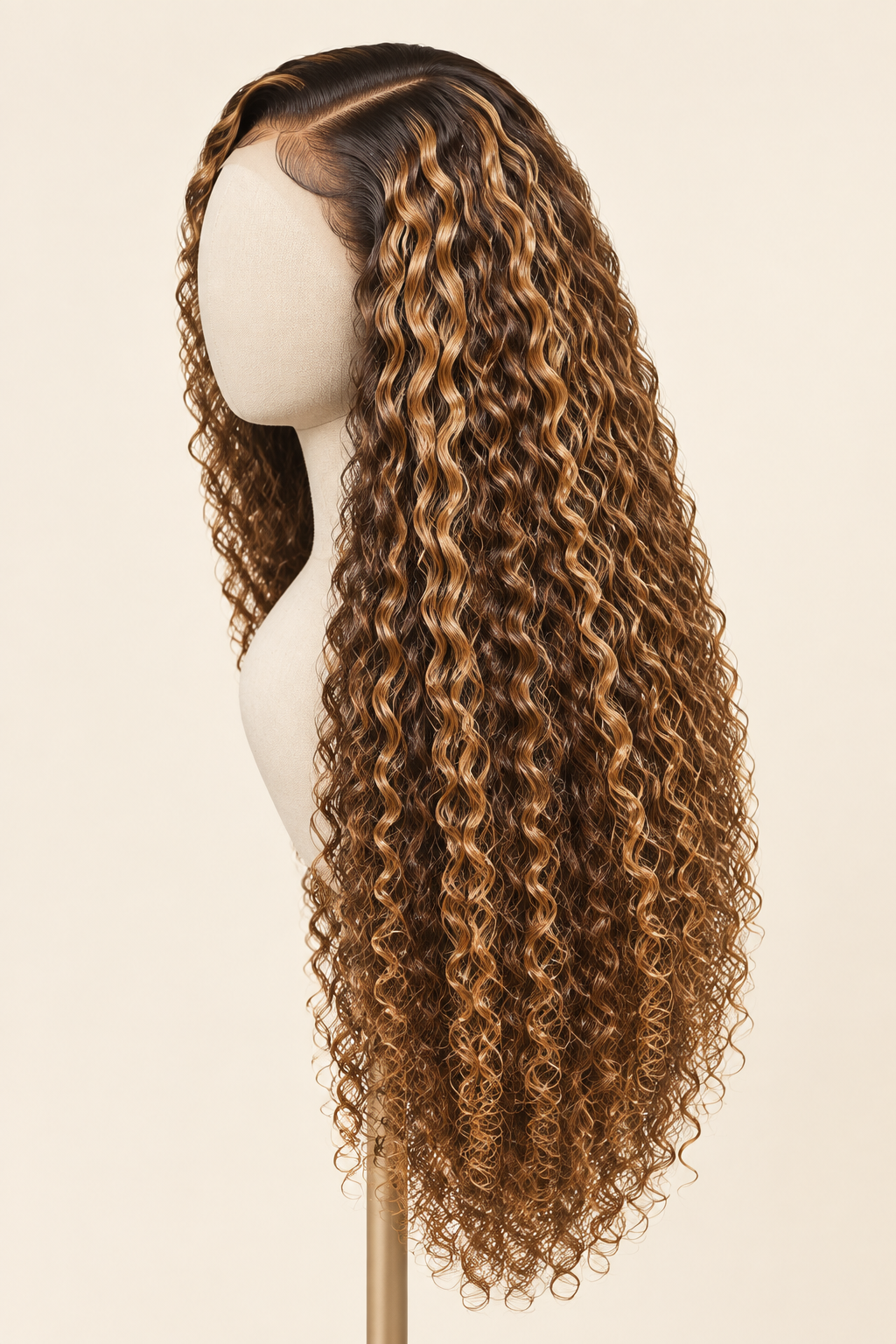 Honey-highlight wig mannequin back three-quarter view