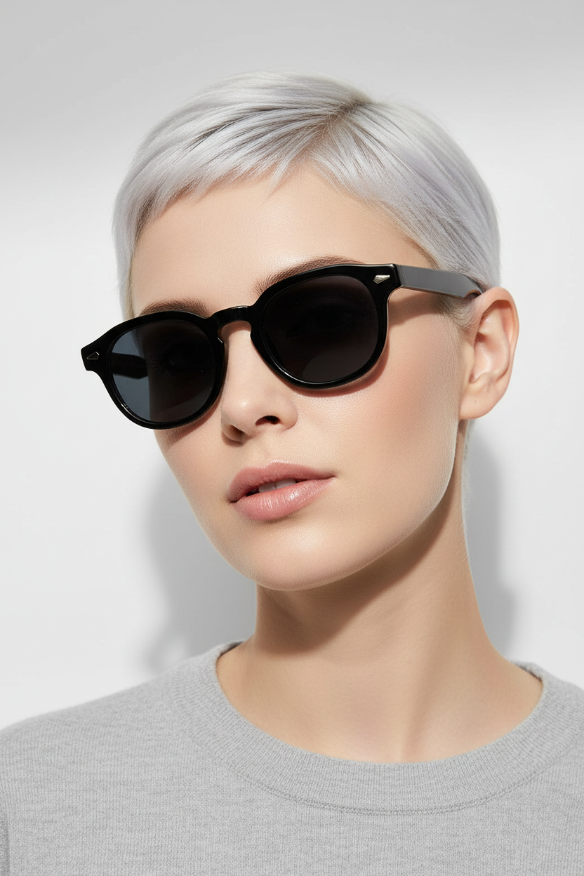 Black retro round UV400 sunglasses worn by a white model