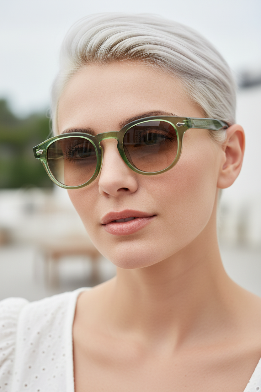Green Brown retro round UV400 sunglasses worn by a white model