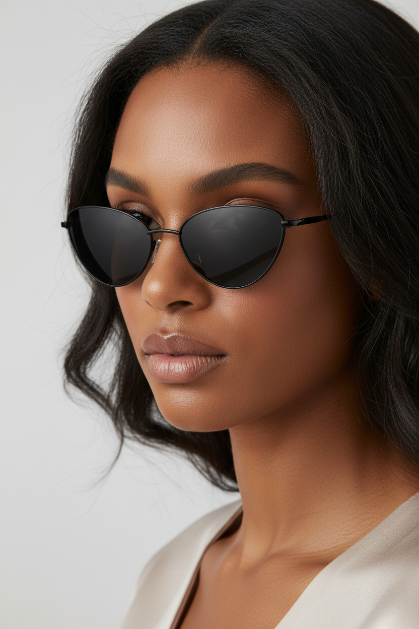 Small black-gray-lens cat-eye sunglasses worn by a model